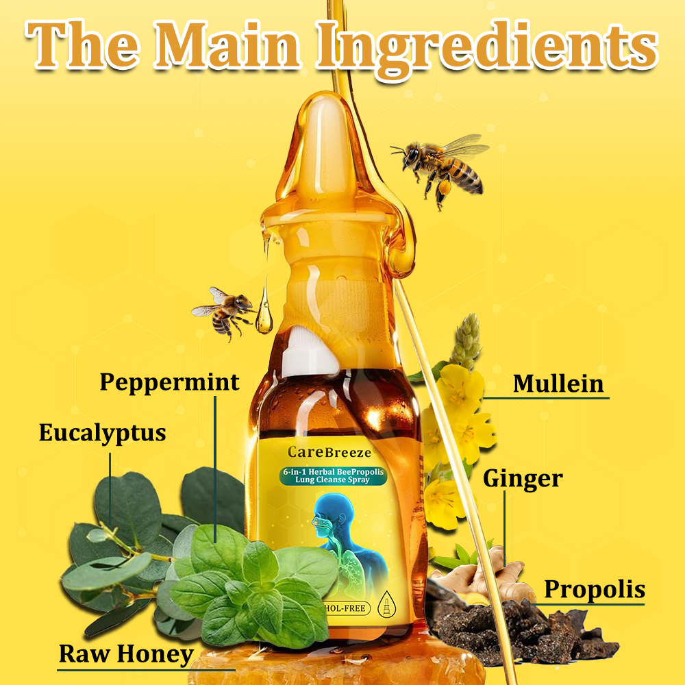 🐝✅CA Official Store:CareBreeze® 6-in-1 Herbal BeePropolis Lung Cleanse Spray（👨‍⚕️Directly acts on COPD, asthma, chronic bronchitis (CB), respiratory infections, lung cancer, sinusitis, and other conditions）